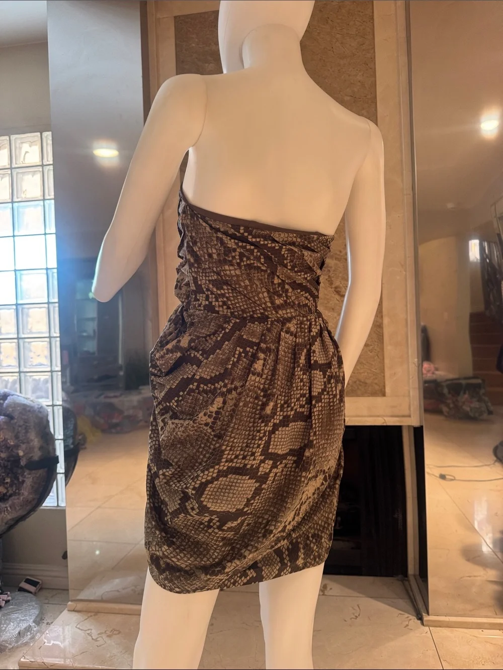 Michael Kors Snakeskin Print Strapless Ruched Sheath Dress Brown